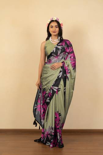 mehandi green floral print chiffon saree with unstiched blouse piece