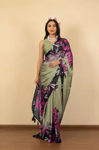 mehandi green floral print chiffon saree with unstiched blouse piece