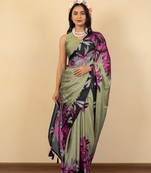 mehandi green floral print chiffon saree with unstiched blouse piece