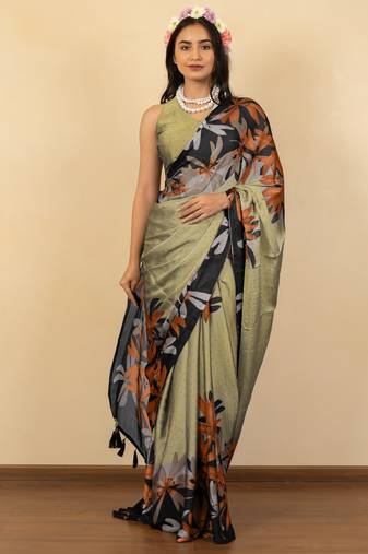olive green floral print chiffon saree with unstiched blouse piece