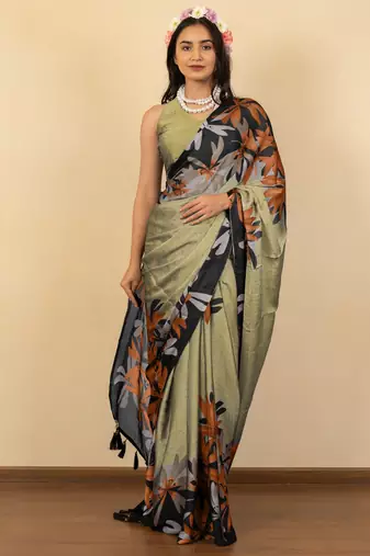 olive green floral print chiffon saree with unstiched blouse piece