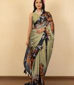 olive green floral print chiffon saree with unstiched blouse piece