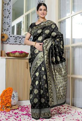grey woven design golden zari border silk blend saree with unstiched blouse piece 1