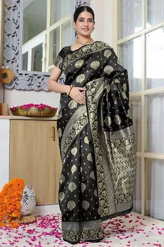 black woven design golden zari border silk blend saree with unstiched blouse piece