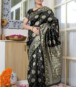 black woven design golden zari border silk blend saree with unstiched blouse piece