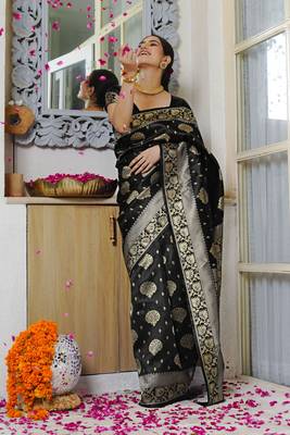 grey woven design golden zari border silk blend saree with unstiched blouse piece 2