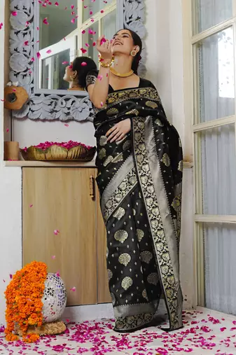 grey woven design golden zari border silk blend saree with unstiched blouse piece