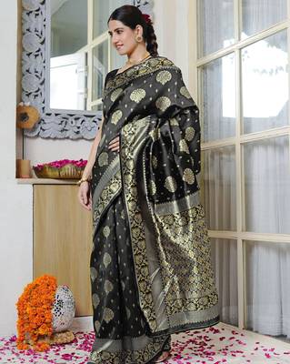 grey woven design golden zari border silk blend saree with unstiched blouse piece 3