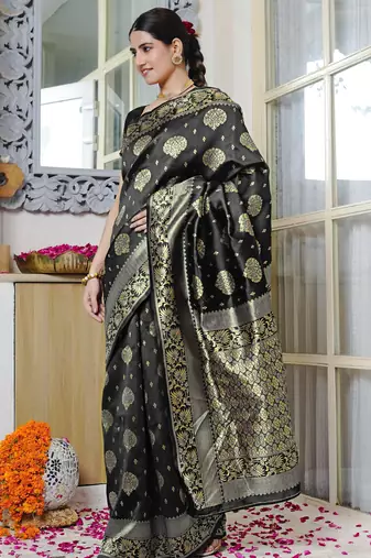 grey woven design golden zari border silk blend saree with unstiched blouse piece