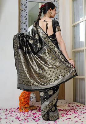 grey woven design golden zari border silk blend saree with unstiched blouse piece 4