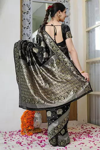 grey woven design golden zari border silk blend saree with unstiched blouse piece