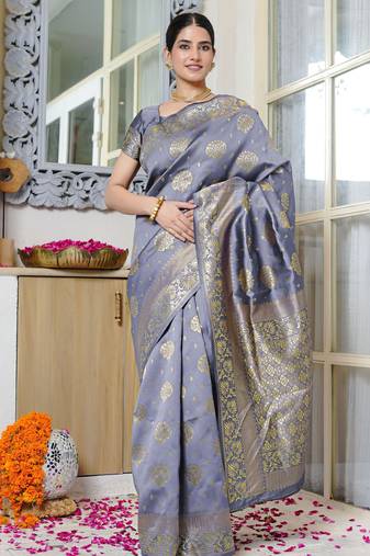 grey woven design golden zari border silk blend saree with unstiched blouse piece