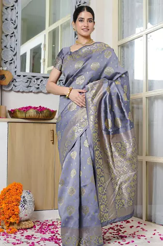 grey woven design golden zari border silk blend saree with unstiched blouse piece