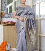 grey woven design golden zari border silk blend saree with unstiched blouse piece