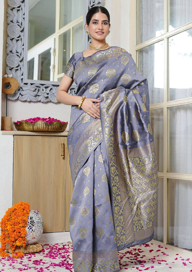 grey woven design golden zari border silk blend saree with unstiched blouse piece