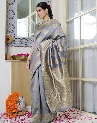 grey woven design golden zari border silk blend saree with unstiched blouse piece 3