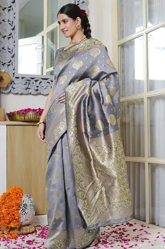 grey woven design golden zari border silk blend saree with unstiched blouse piece