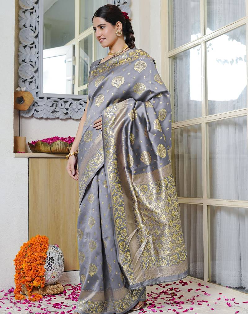 grey woven design golden zari border silk blend saree with unstiched blouse piece