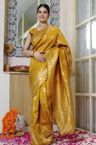 mustard yellow woven design golden zari border silk blend saree with unstiched blouse piece