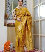 mustard yellow woven design golden zari border silk blend saree with unstiched blouse piece