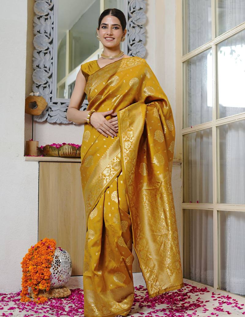 mustard yellow woven design golden zari border silk blend saree with unstiched blouse piece