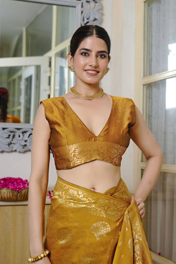 mustard yellow woven design golden zari border silk blend saree with unstiched blouse piece