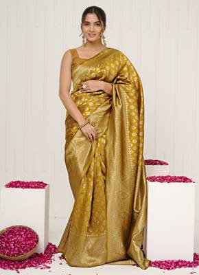 mustard yellow woven design golden zari border silk blend saree with unstiched blouse piece 1