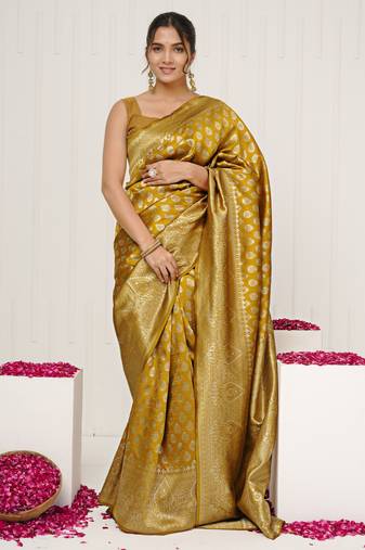mustard yellow woven design golden zari border silk blend saree with unstiched blouse piece