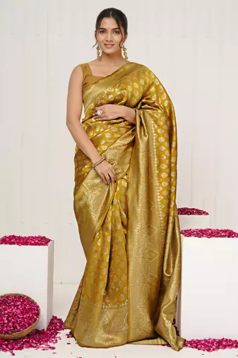 mustard yellow woven design golden zari border silk blend saree with unstiched blouse piece