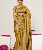 mustard yellow woven design golden zari border silk blend saree with unstiched blouse piece