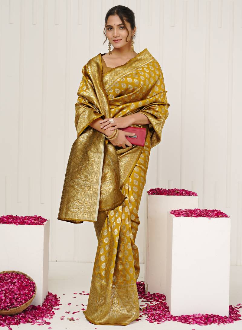 mustard yellow woven design golden zari border silk blend saree with unstiched blouse piece