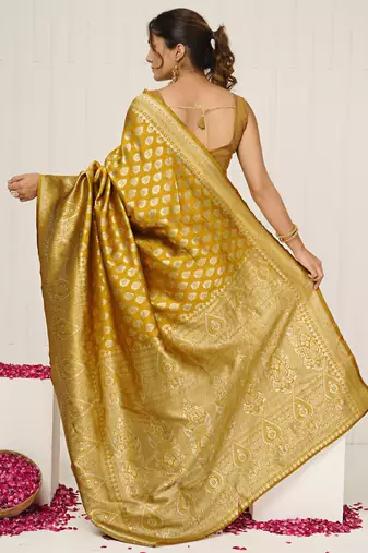 mustard yellow woven design golden zari border silk blend saree with unstiched blouse piece