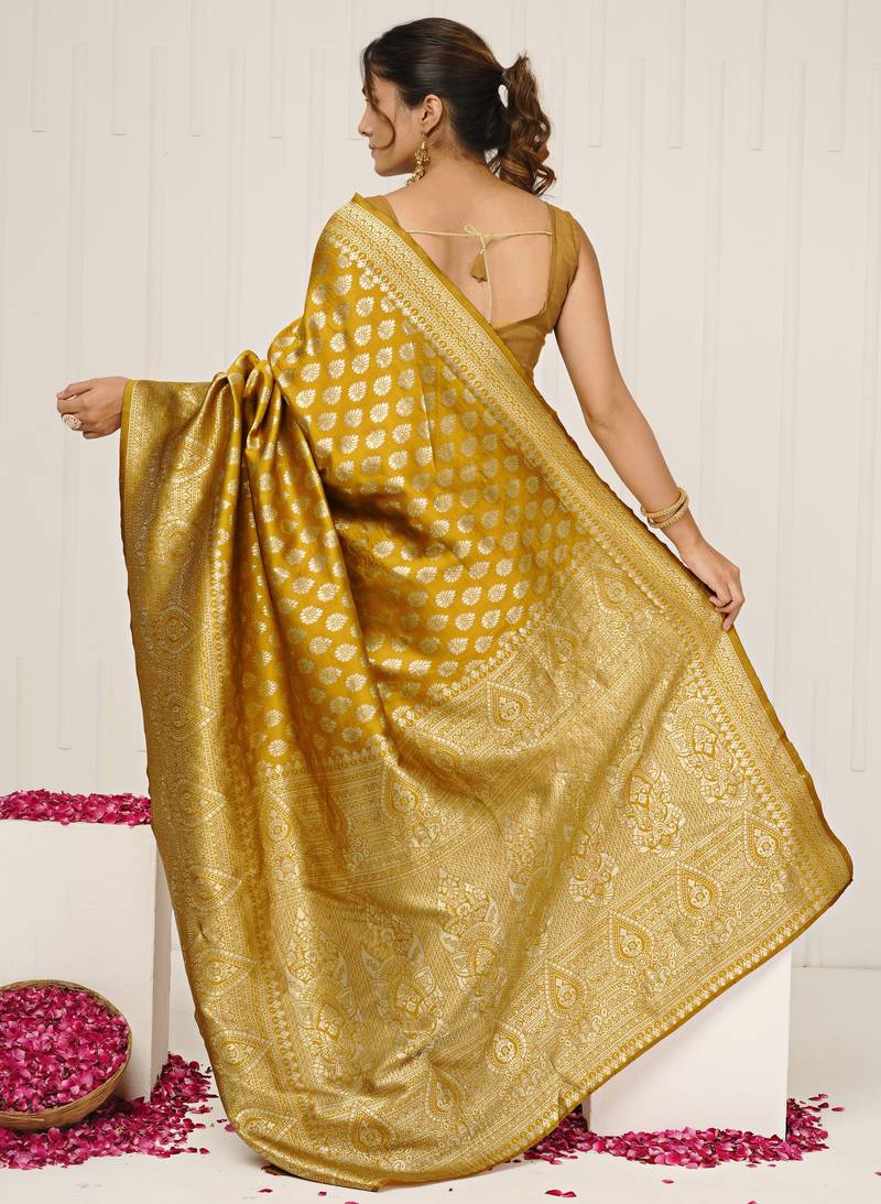 mustard yellow woven design golden zari border silk blend saree with unstiched blouse piece