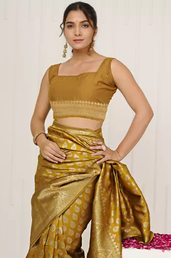 mustard yellow woven design golden zari border silk blend saree with unstiched blouse piece