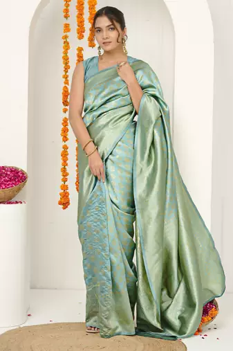 teal woven design golden zari border silk blend saree with unstiched blouse piece