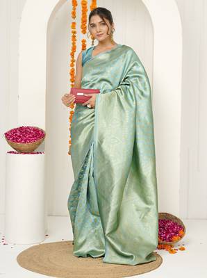 pista green woven design golden zari border silk blend saree with unstiched blouse piece 2
