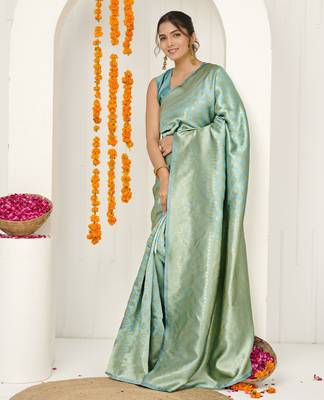 pista green woven design golden zari border silk blend saree with unstiched blouse piece 3