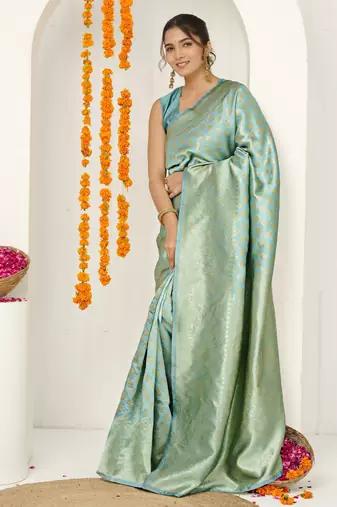 pista green woven design golden zari border silk blend saree with unstiched blouse piece