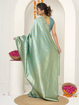 pista green woven design golden zari border silk blend saree with unstiched blouse piece 4