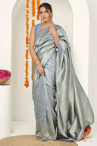 grey woven design golden zari border silk blend saree with unstiched blouse piece