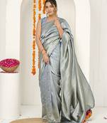 grey woven design golden zari border silk blend saree with unstiched blouse piece