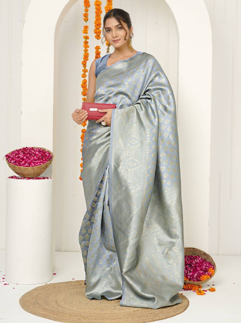 grey woven design golden zari border silk blend saree with unstiched blouse piece