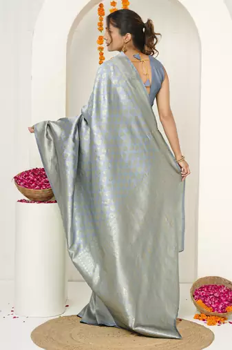 grey woven design golden zari border silk blend saree with unstiched blouse piece
