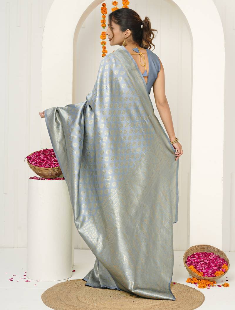 grey woven design golden zari border silk blend saree with unstiched blouse piece