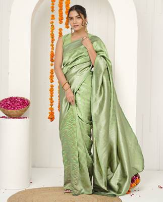 pista green woven design golden zari border silk blend saree with unstiched blouse piece 1