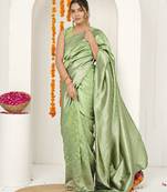 pista green woven design golden zari border silk blend saree with unstiched blouse piece