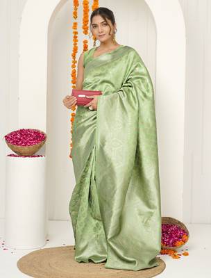 pista green woven design golden zari border silk blend saree with unstiched blouse piece 2
