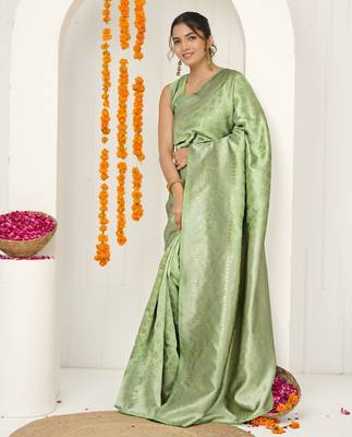 pista green woven design golden zari border silk blend saree with unstiched blouse piece 3