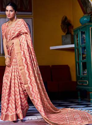 taupe chevron print zari golden border silk blend saree with unstiched blouse piece 1
