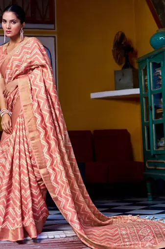 orange chevron print zari golden border silk blend saree with unstiched blouse piece